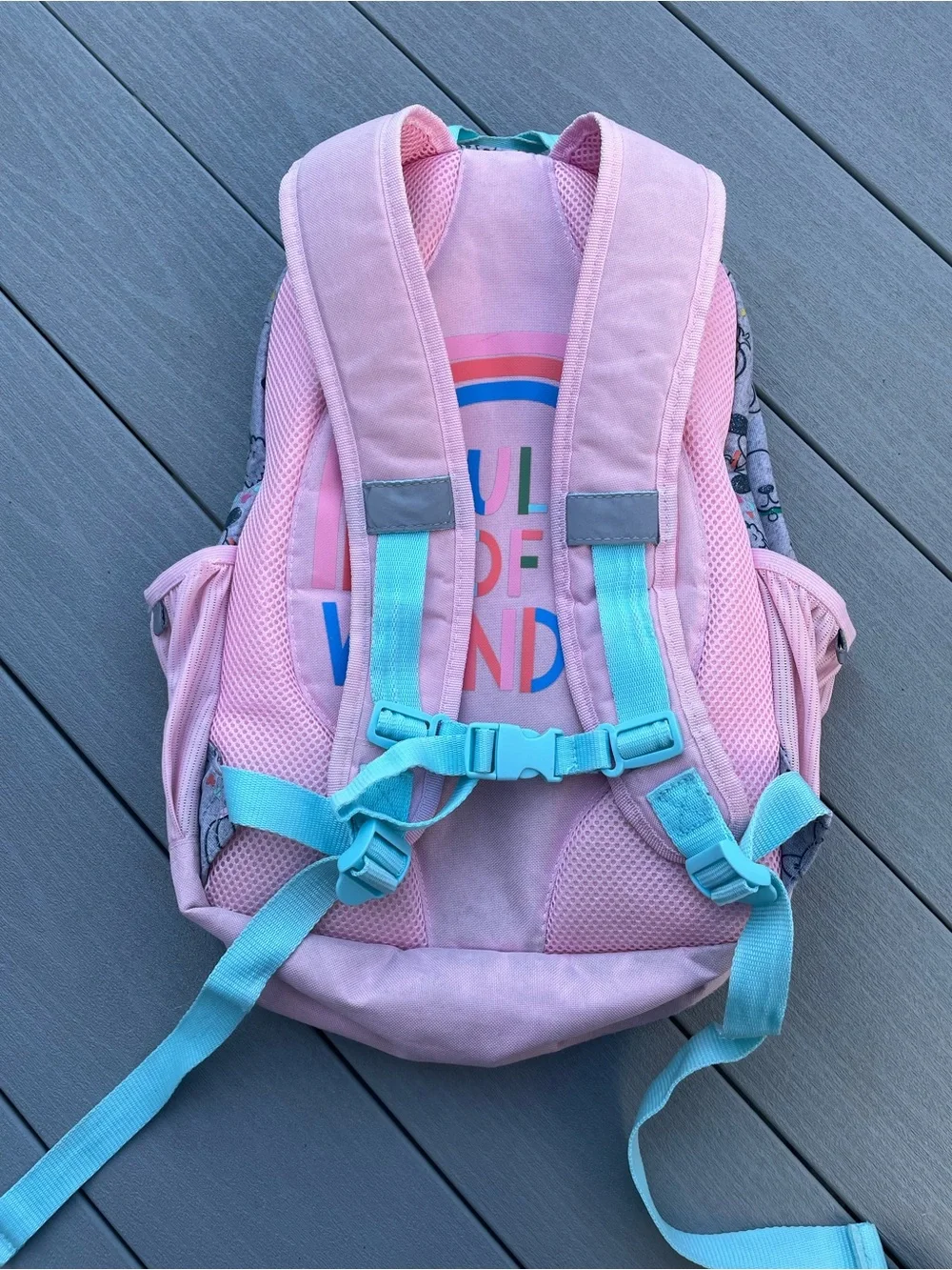Target backpack, gray/pink/blue, rainbow zipper, 16x12. Used.